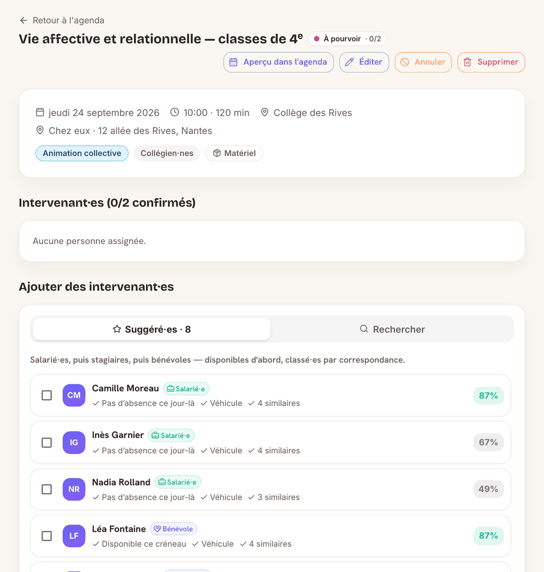 La fiche d’une action : sa date, son lieu, son public, et les personnes disponibles proposées pour composer l’équipe.